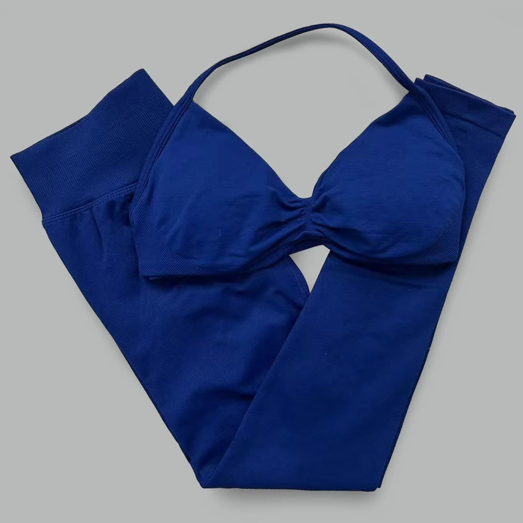 Women's seamless yoga set with halter neck sports bra and high-waisted lifting leggings by The Clothing Company Sydney