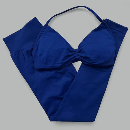 Women's seamless yoga set with halter neck sports bra and high-waisted lifting leggings by The Clothing Company Sydney
