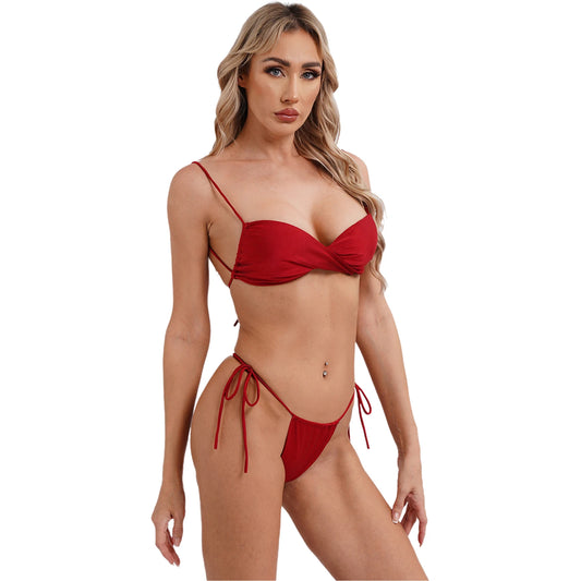 Womens Bikini Set Bathing Suit Pad Free Bra Top with High Cut Thong Briefs Side Tie Tying 2 Piece Swimwear Pool Beach Wear