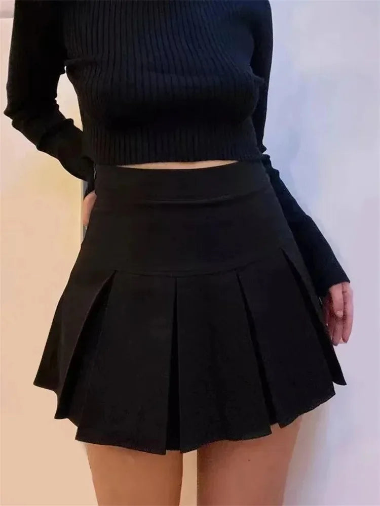 Vintage Grey Pleated Skirt Women High Waist Mini Skirts Streetwear Skirt