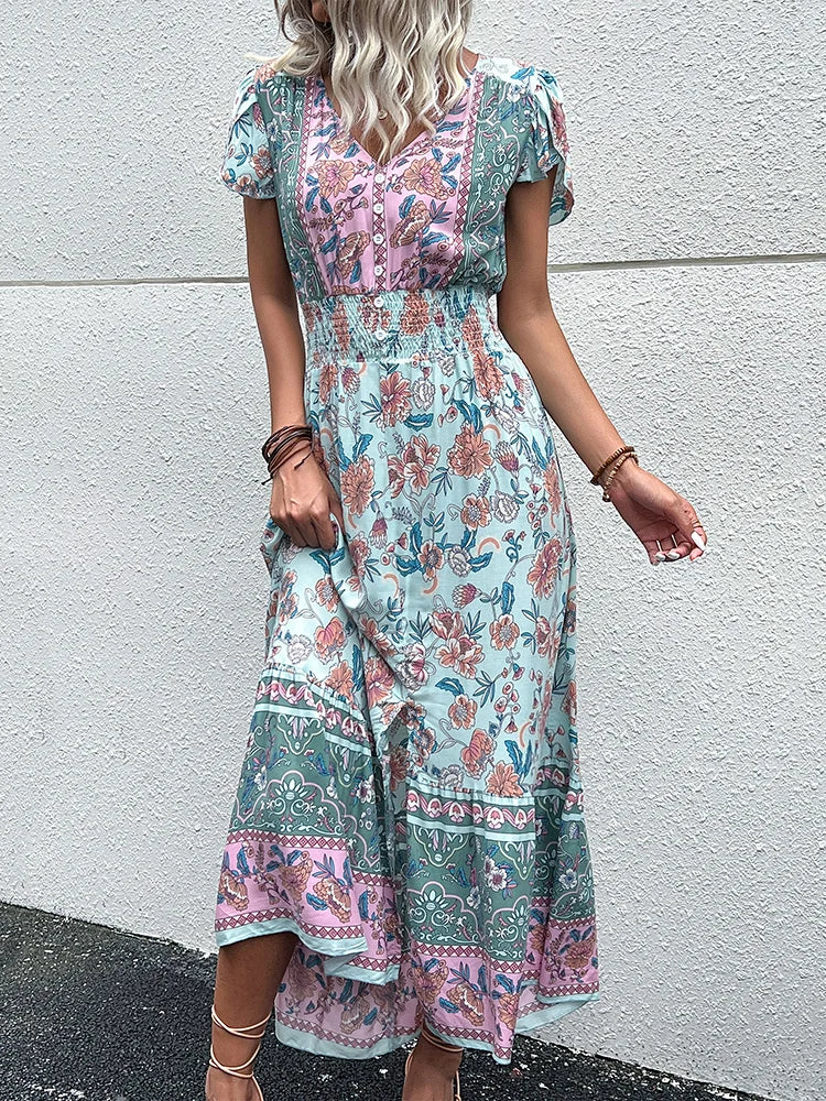 Short Sleeves V Neck Vintage Floral Boho Printed Slit Midi Dresses A Line Bohemian Summer Beach Dress The Clothing Company Sydney