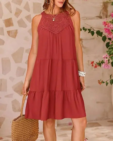 Hollow Lace Patchwork Halter Neck Women A Line Dress Summer Casual Solid Color Loose Beach Holiday Sundress