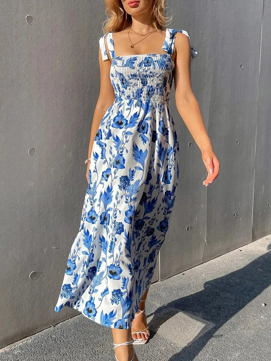 Floral Long Dress Women's Backless Sleeveless Bandage Beach Sundress Casual Green Summer Ladies Dresses