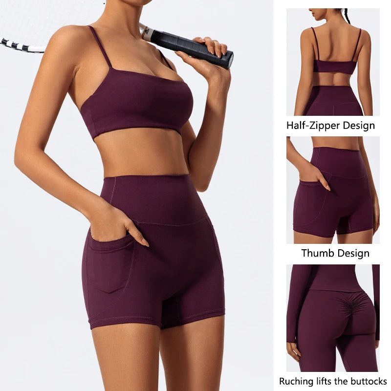 Women Two Piece Gym Workout Bra Yoga Set Shorts Fitness Wear Quick-Dry Sports Bra Flared Pants Suits