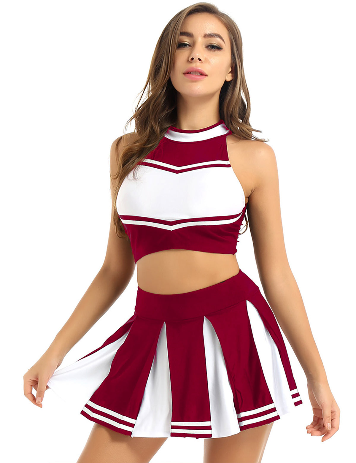 Women's Cheerleading Costume Uniform Carnival Cosplay Outfit Stand Collar Sleeveless Crop Top with Mini Pleated Skirt