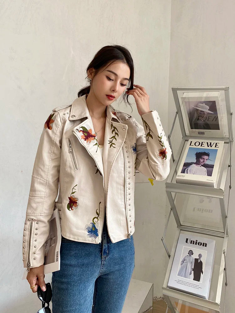 PU Leather Embroidered Rivet Coat Biker Streetwear Zipper Overcoat Women's Jackets Spring Clothes The Clothing Company Sydney