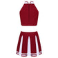 Women's Cheerleading Costume Uniform Carnival Cosplay Outfit Stand Collar Sleeveless Crop Top with Mini Pleated Skirt