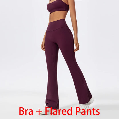 Women Two Piece Gym Workout Bra Yoga Set Shorts Fitness Wear Quick-Dry Sports Bra Flared Pants Suits