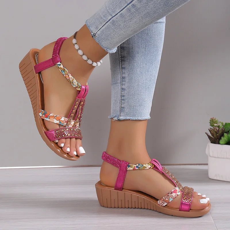 Women's Wedge Sandals Summer Shoes Shiny Rhinestones Elastic Platform Peep Toe Outdoor Sandals