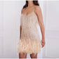 Tassel Sequins Feather Mini Dress Women's Spaghetti Strap Stitching Elegant Evening Party Club Dress