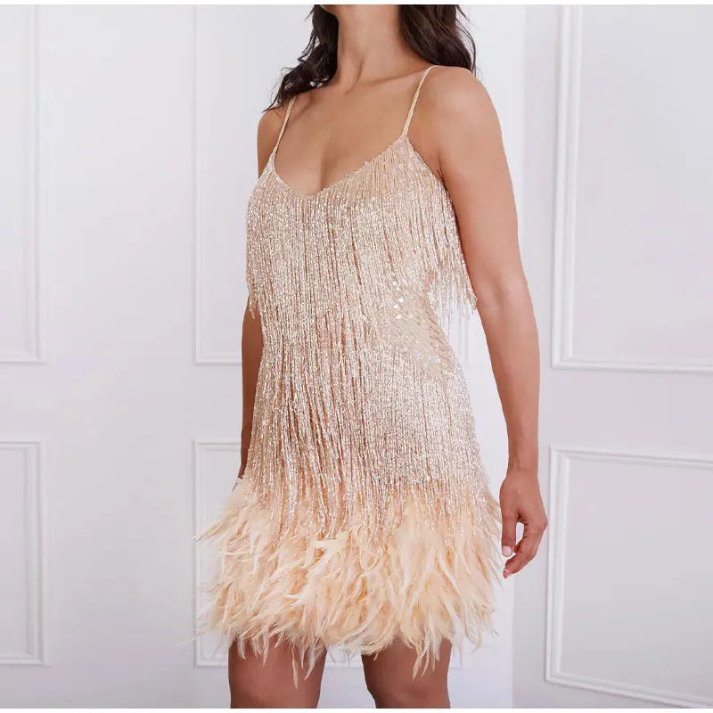 Tassel Sequins Feather Mini Dress Women's Spaghetti Strap Stitching Elegant Evening Party Club Dress