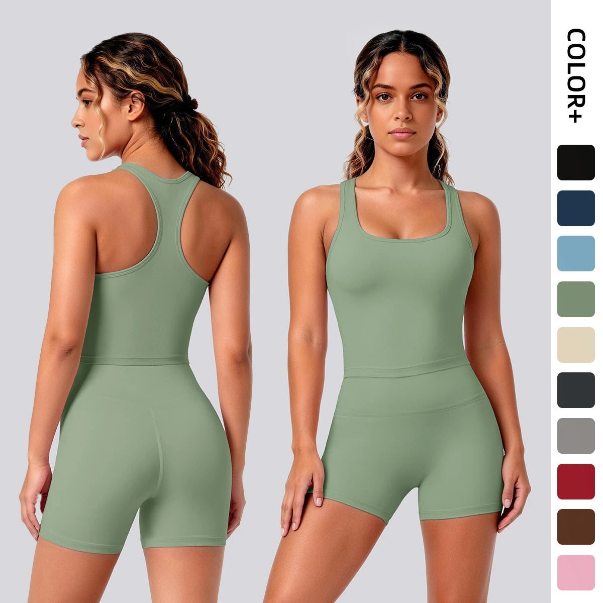 2 Piece Women's Breathable Workout Top I-shaped Vest  Push Up Quick-Dry Summer Yoga Shorts Matching Set