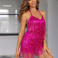 V-neck Halter With Drawstring Nightclub Party Dress With Tassels