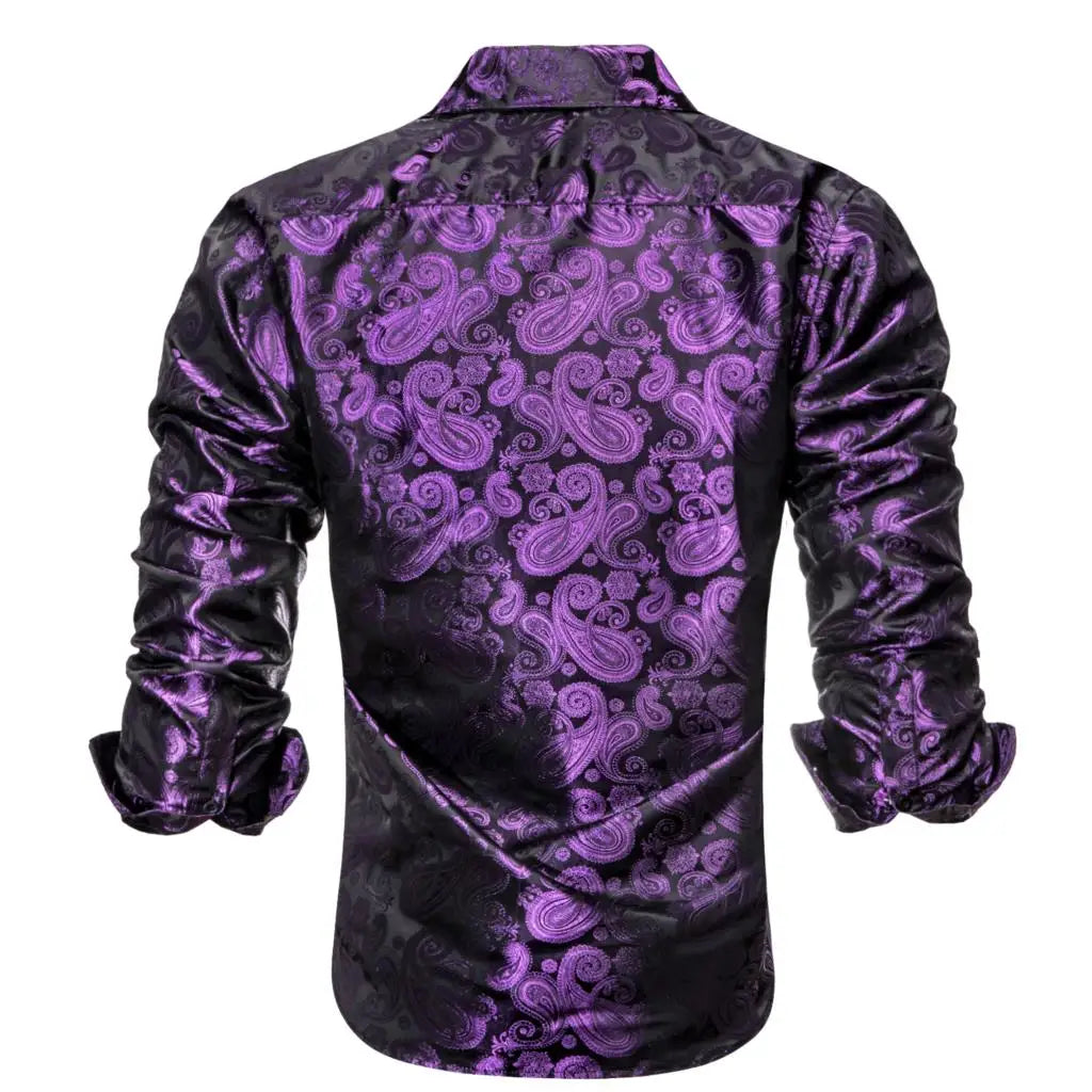 Lilac Mauve Lavender Purple Silk Mens Shirts Luxury Lapel Long Sleeve Dress Shirt