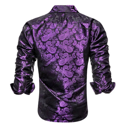 Lilac Mauve Lavender Purple Silk Mens Shirts Luxury Lapel Long Sleeve Dress Shirt