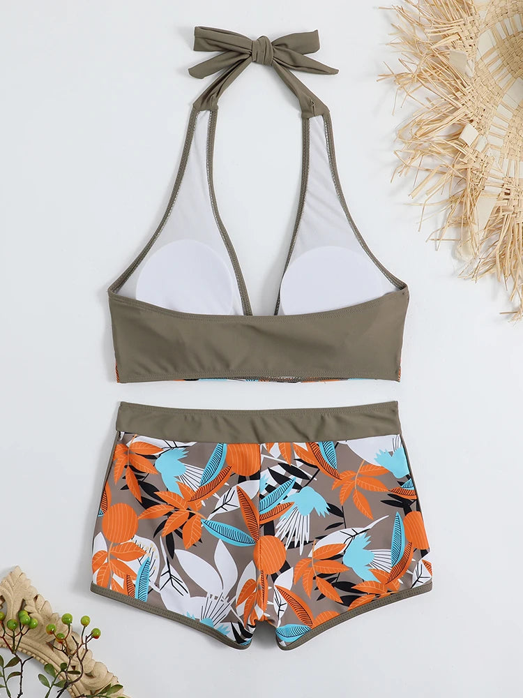2 Piece Halter Bikini Set Shorts Swimsuit High Waist Swimwear Female Printed Bathers Swimming Bathing Swim Suit Beachwear