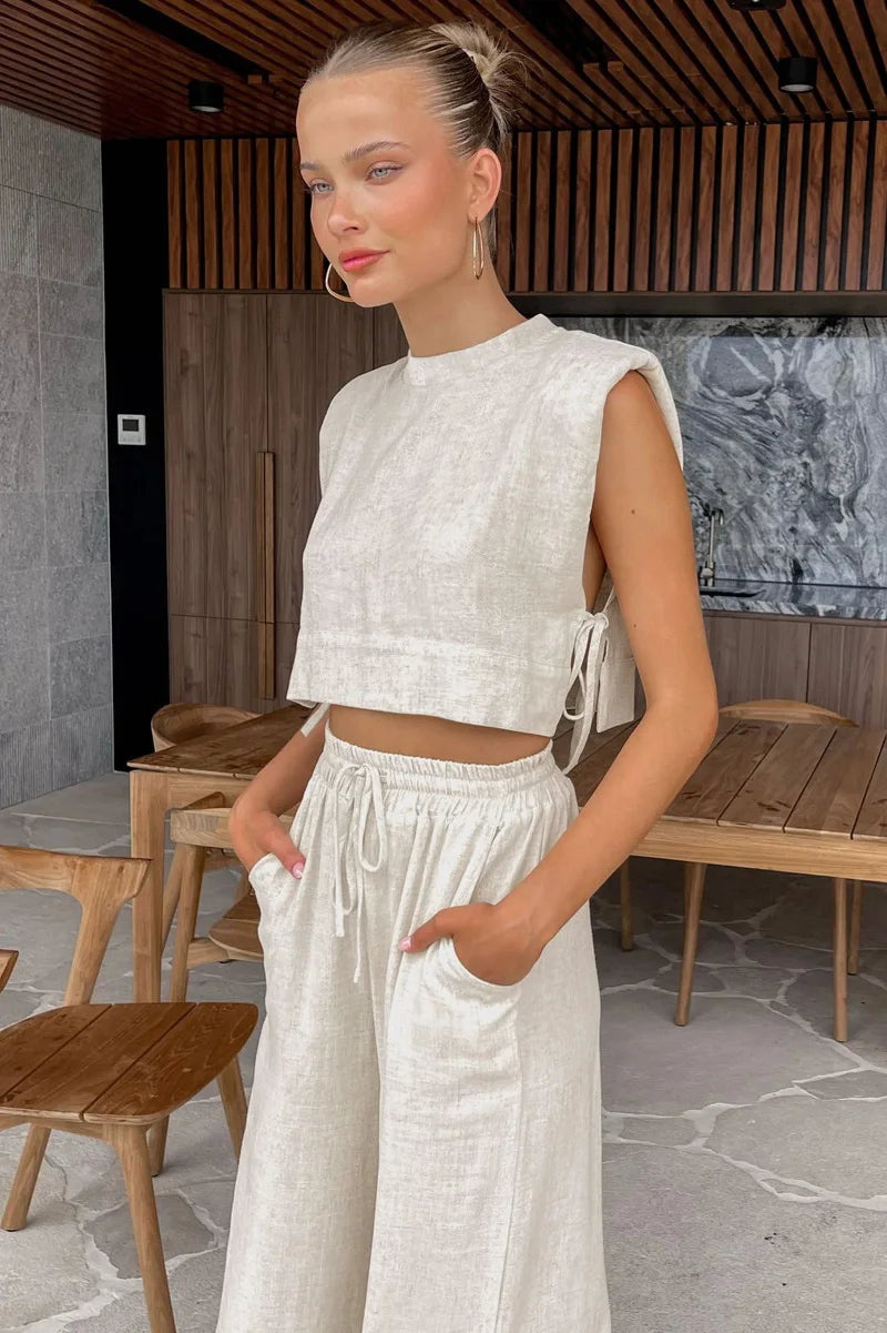 Spring Summer Holiday Linen Pant Set Crop Tops Solid Outfits 2 Two Piece Matching Outfit Set For Women The Clothing Company Sydney