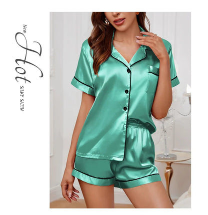 Summer Silk Satin Women Pyjamas Set Button Down Top & Shorts 2 Piece Sleepwear Notched Collar Nightwear Loungewear The Clothing Company Sydney