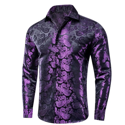 Lilac Mauve Lavender Purple Silk Mens Shirts Luxury Lapel Long Sleeve Dress Shirt