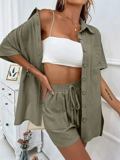 Long Sleeve Single breasted Top Broad legged Shorts Set Fashion Ladies Solid Suits Summer 2 Piece Matching Outfits For Women The Clothing Company Sydney