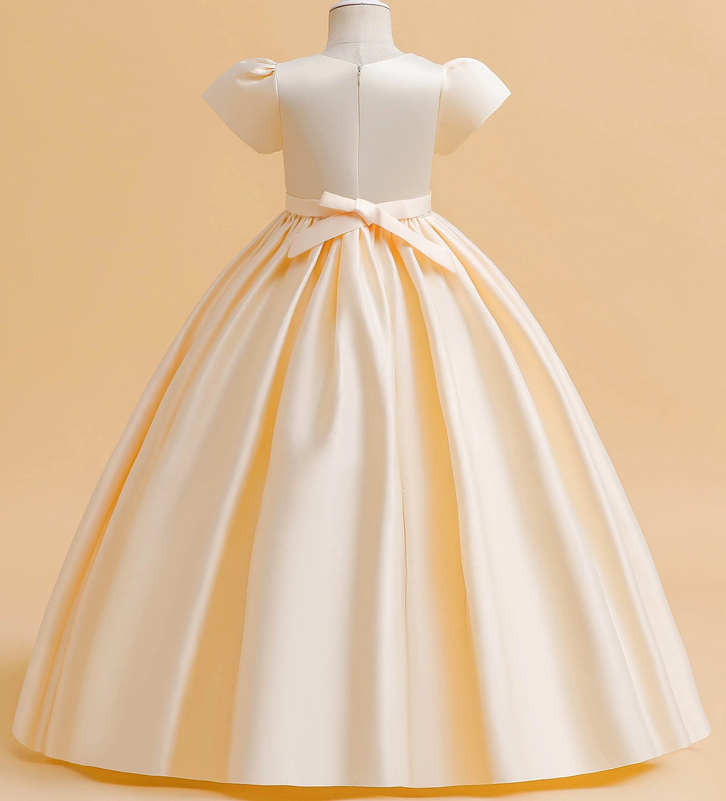 Little Big Girls Elegant Princess Puff Sleeves Satin Flower Girl Wedding Birthday Party Formal Dress