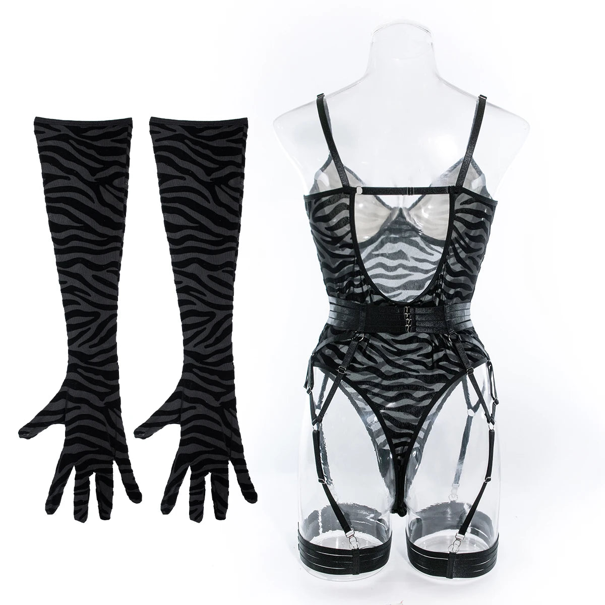 Tight Fitting Lace Bodysuit With Gloves Garter Night Club Outfit Mesh Top Lingerie Set