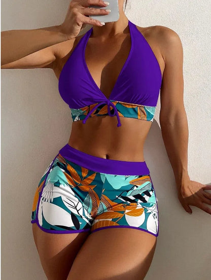 2 Piece Halter Bikini Set Shorts Swimsuit High Waist Swimwear Female Printed Bathers Swimming Bathing Swim Suit Beachwear