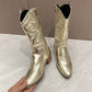 Gold Mid-calf Boots Women's Side Zipper Silver Pointed Western Cowboy Boots Retro Fashion Black Boots Plus Size Boots The Clothing Company Sydney