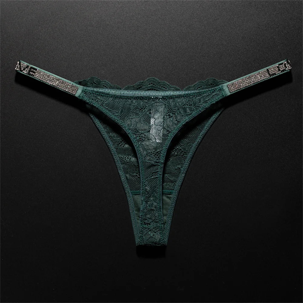 Crystal Embellished Perspective Lace Thong Breathable Underwear Women Transparent T-back Plus Size G String