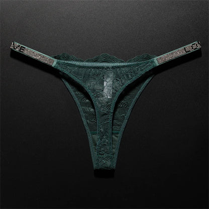 Crystal Embellished Perspective Lace Thong Breathable Underwear Women Transparent T-back Plus Size G String