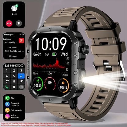 Men's LED smart watch with Bluetooth, voice control, multi-sport modes, and health monitoring, designed for outdoor sports.