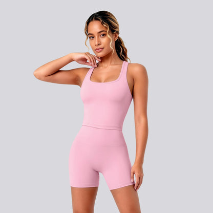 2 Piece Women's Breathable Workout Top I-shaped Vest  Push Up Quick-Dry Summer Yoga Shorts Matching Set