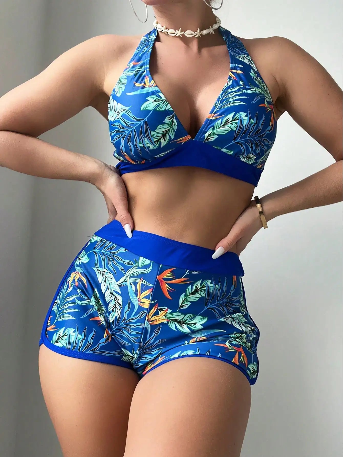 2 Piece Halter Bikini Set Shorts Swimsuit High Waist Swimwear Female Printed Bathers Swimming Bathing Swim Suit Beachwear