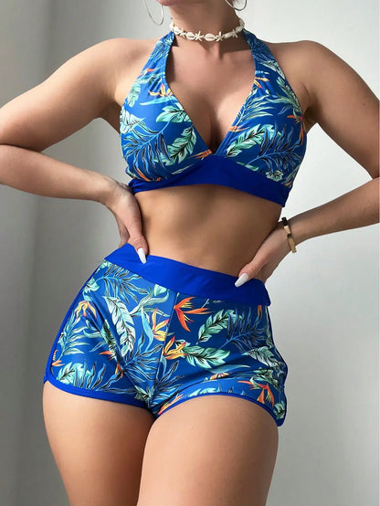 2 Piece Halter Bikini Set Shorts Swimsuit High Waist Swimwear Female Printed Bathers Swimming Bathing Swim Suit Beachwear