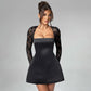 Lace Patchwork Waist Wrap A-line Mini Autumn Winter Dress Backless Club Party Evening Dresses