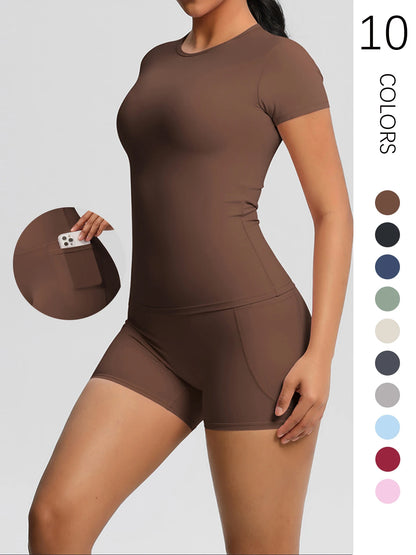 Workout Sportswear 2 Piece Piece Female Yoga Shirt Push Up Workout Clothes Outdoors Sport  High Waist  Fitness Sport Shorts