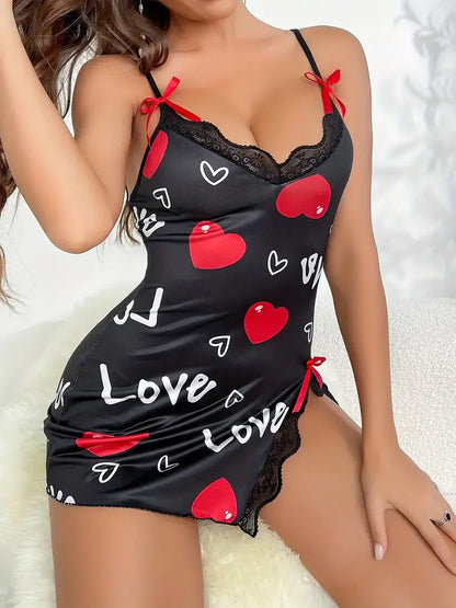 Heart Letter Floral Print Slip Nightdress Lace Trim Deep V Side Split Women's Sleepwear Dress The Clothing Company Sydney