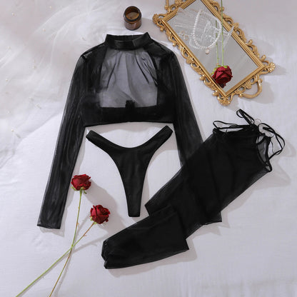 4 Piece Lingerie See Through Long Sleeve Top Brief with Stockings Intimate Party Night Outfit Set The Clothing Company Sydney