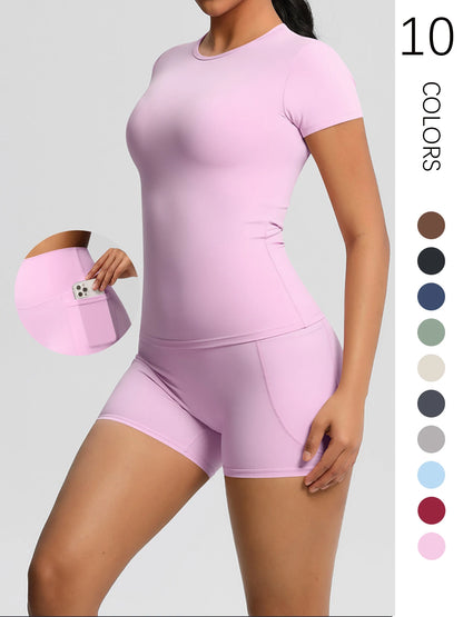 Workout Sportswear 2 Piece Piece Female Yoga Shirt Push Up Workout Clothes Outdoors Sport  High Waist  Fitness Sport Shorts