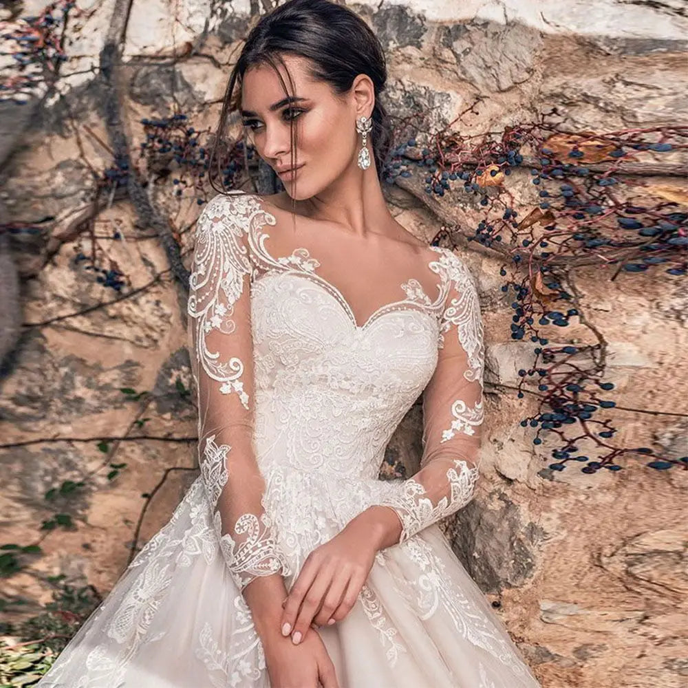 Lace Long Sleeves Bridal Gown Illusion Back Sweetheart Tulle A Line Wedding Dress