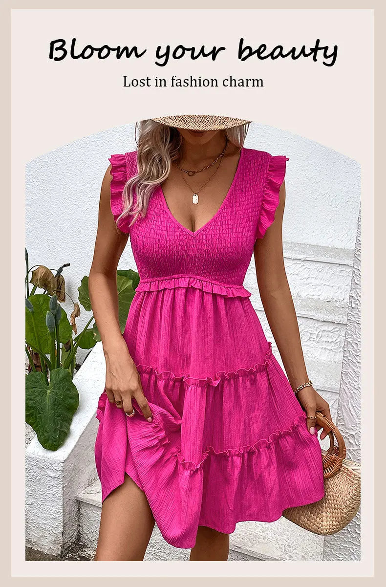 Summer Midi Dresses Casual Red Ruffle Big Hem Holiday Beach Dress Fashion Sleevelee V Neck Dresses The Clothing Company Sydney