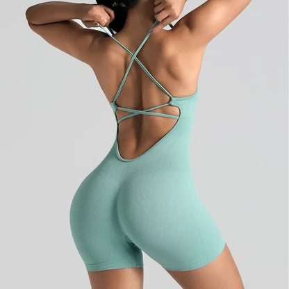 Women's Slim-Fit Yoga Short Jumpsuit Seamless Back Workout Bodysuit Breathable Quick-Dry Gym Running Pilates Fitness Wear