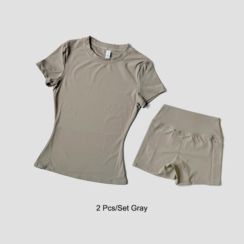 2 Piece Women's Sports Yoga Set Seamless Knitted Fitness Gym Clothes Sportswear Short Sleeve Crop Top Tracksuits Gym Bike Shorts - The Clothing Company Sydney