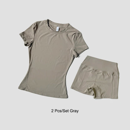 2 Piece Women's Sports Yoga Set Seamless Knitted Fitness Gym Clothes Sportswear Short Sleeve Crop Top Tracksuits Gym Bike Shorts - The Clothing Company Sydney