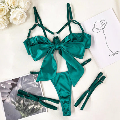 Bowknot Lingerie Open Bra Lace Up Underwear 3-Piece Satin Outfit Set The Clothing Company Sydney