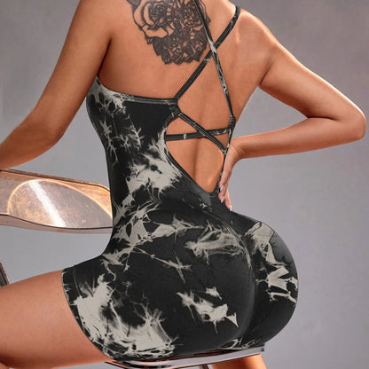 Tie Dye Yoga Bodysuit for Women - Seamless Strappy Dance Leotard High Cut Workout Unitard for Gym Fitness Jumpsuit