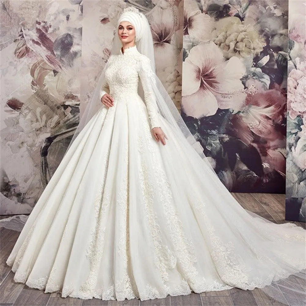 Luxury Muslim Wedding Dresses High Neck Long Sleeve Tulle Lace Applique Beading Bridal Gown Customised Robe The Clothing Company Sydney