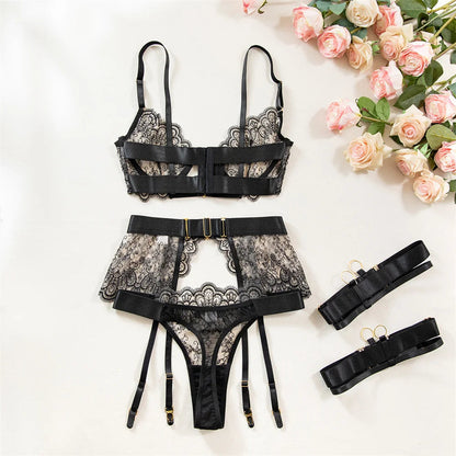 Luxury Black Flower Embroidery Lingerie 4 Piece Mesh Transparent Metal Buckle Bra And Thong Garter Set The Clothing Company Sydney