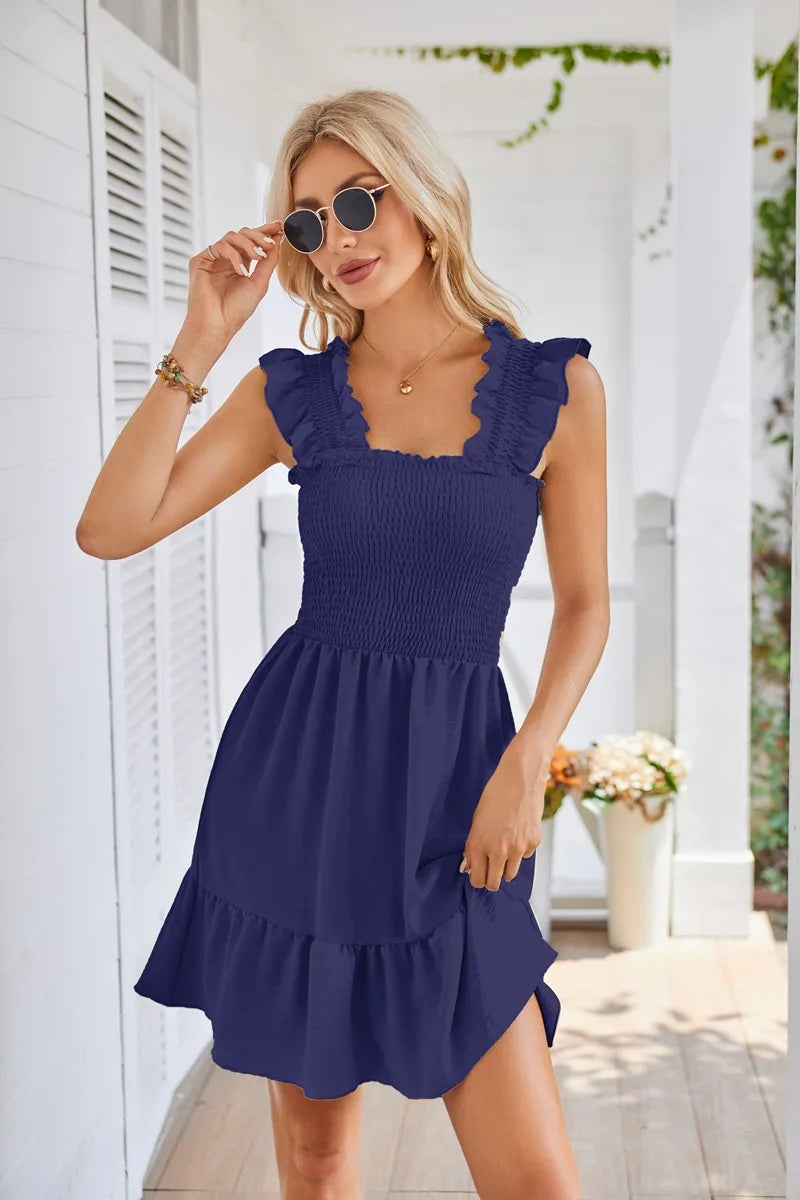 Womens Summer Casual Boho Sleeveless Backless Square Neck Smocked Ruffle Mini Dress A-Line Swing Sundress