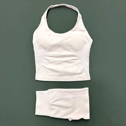 2 Piece Sports Halter Top Strappy Bra Shorts Matching Set Seamless Yoga Gym Running Fitness Shorts Suit